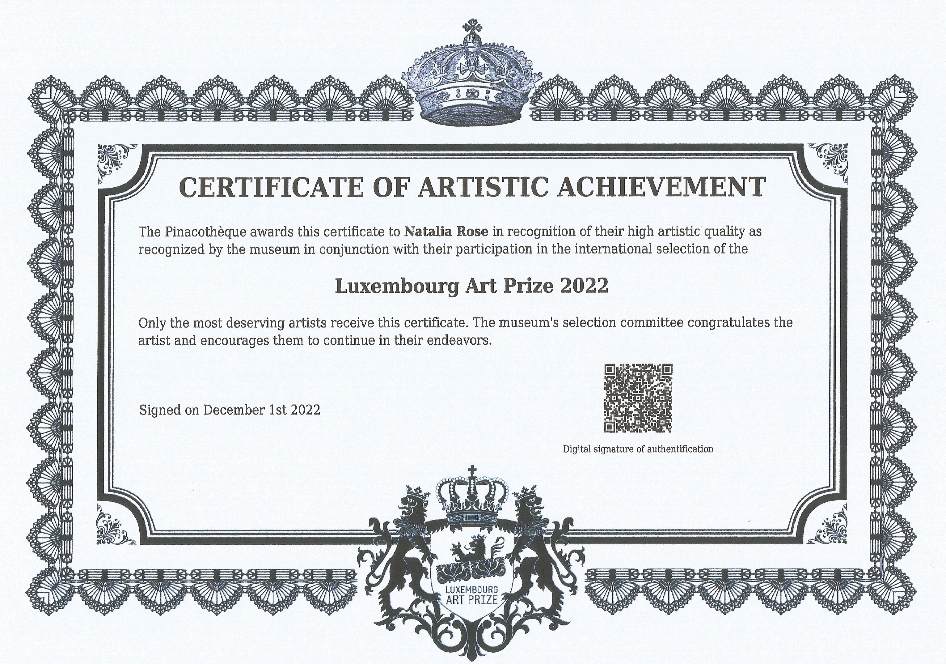 Certificate  of artistic merit Luxemburg Art Prize 2022 