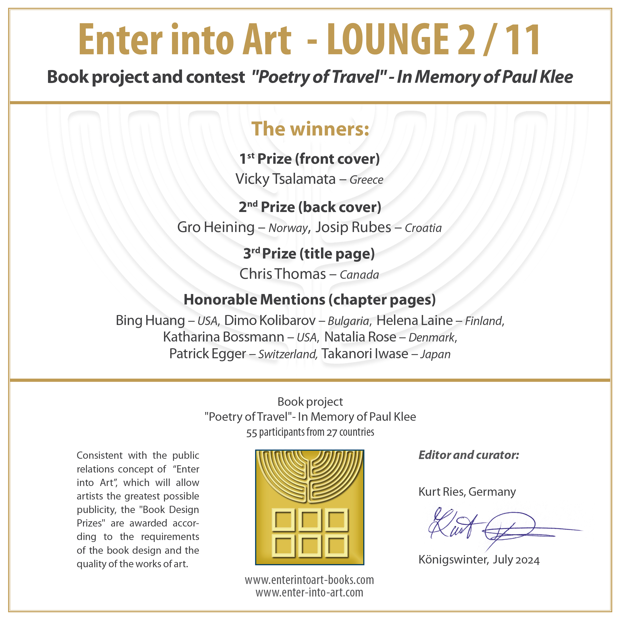 The winner certificate for the “Enter into Art” Art Book